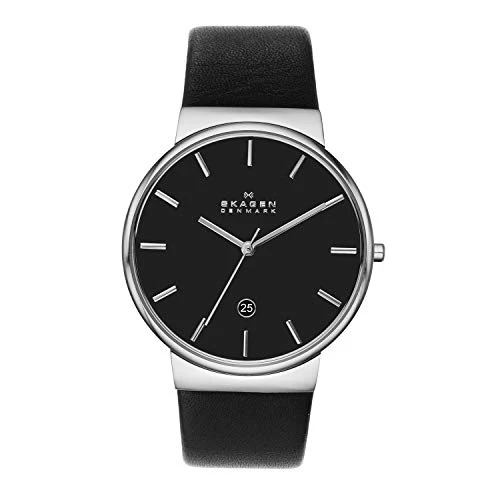 Skagen Men's Ancher Quartz Analog Stainless Steel and Leather Watch, Color: Silver/Black (Model:...