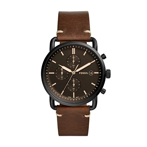 Fossil Men's Commuter Quartz Stainless Steel and Leather Chronograph Watch, Color: Black, Dark Brown...
