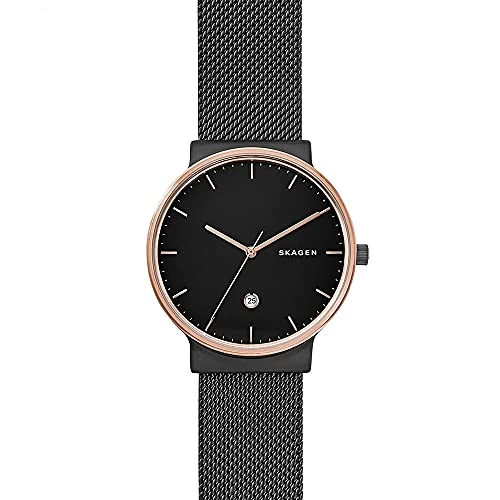 Skagen Men's Ancher Quartz Analog Stainless Steel and Mesh Watch, Color: Rose Gold/Black (Model:...