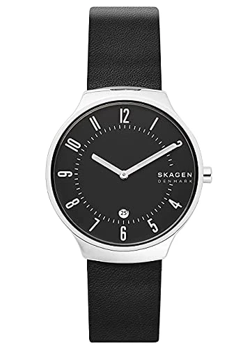 Skagen Grenen 38mm 2 Hand Mens Wirst Watch with Black Dial & Black Leather Strap
