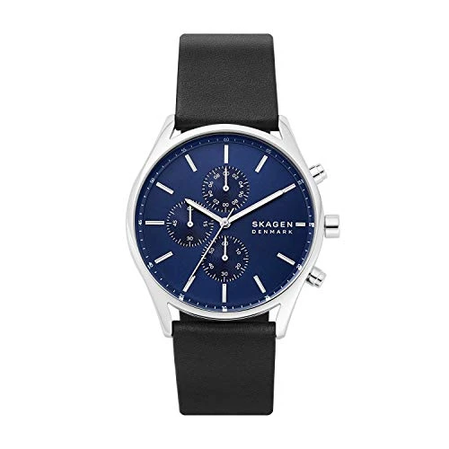 Skagen Men's Holst Quartz Analog Stainless Steel and Leather Watch, Color: Blue/Black Leather...