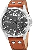 Stuhrling Original Mens Analog Stainless Steel Sport Aviator Watch, Quick-Set Day-Date, Brown Casual Leather Strap